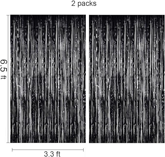 LILF Black Foil Fringe Party Backdrop - 6.5x6.5ft, Pack of 2 | Metallic Black Tinsel Streamers for Birthday, Graduation Parties Decoration