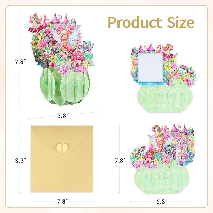 FaCraft Fairy Birthday Card - for Girl, Handmade Happy Birthday Pop Up Greeting Cards Gift with Envelope, for Daughters, Granddaughters, Nieces