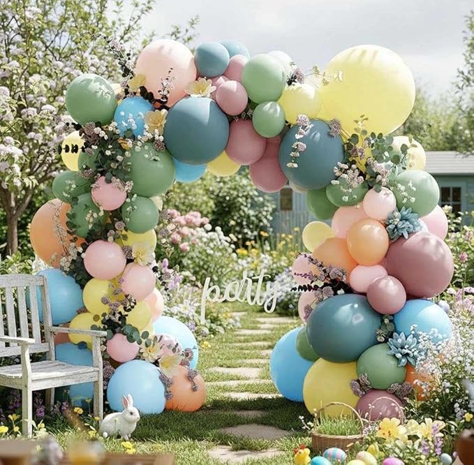 Pink Blue Green Balloon Arch Kit with Artificial Flowers, Double Stuffed Light Baby Yellow Pink Blue Green Pastel Floral Balloon Garland for Baby Shower Wedding Birthday Easter Fairy Tea Party Decor
