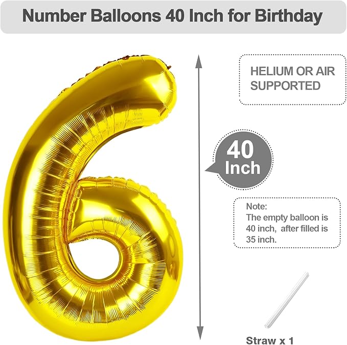 16 Gold Number Balloons, 40 Inch Balloons for Woman Man 16th Birthday Party Decoration, Foil Number Ballon for 16, 61 Anniversary, Bridal Shower, Graduation, Valentine's Day, Mother's Day, Easter