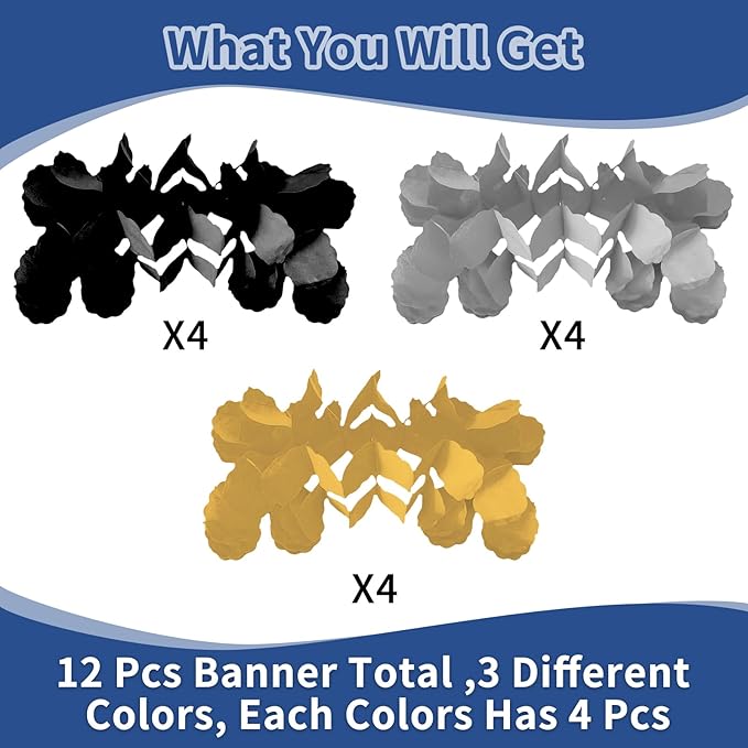 Black Gold-Gray Garland Graduation-Decorations - 2026 Balck Glod Sliver Birthday Banners Streanmers Party Decorations, Hanging Banner New Year Baby Bridal Shower Wedding Decor 4 Leaf Clover Garsellen