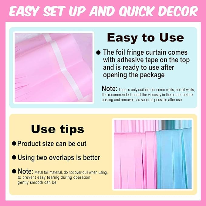 6 Pack Macaron Pink Blue Foil Fringe Curtains Backdrop, 3.28 x 9.8 Ft Metallic Streamers Tinsel Curtains Background for Photo Booth, Birthday, Halloween, Christmas, New Year Party Decorations