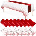 16Pack Disposable Plastic Tablecloths and Satin Table Runner Set White and Red Dot Tablecloth Red Satin Table Runner for Wedding Birthday Baby Shower Anniversary Christmas New Year Party Supplies