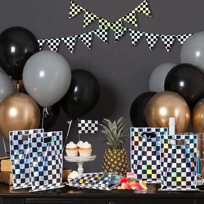 FunnyPars 30 Pcs Iridescent Checkered Race Car Party Favor Bags, Plastic Black and Iridescent Car Goodie Treat Bags, Racecar Laser Plaid Gift Bags for Kids Fast Race Car Birthday Party Decorations