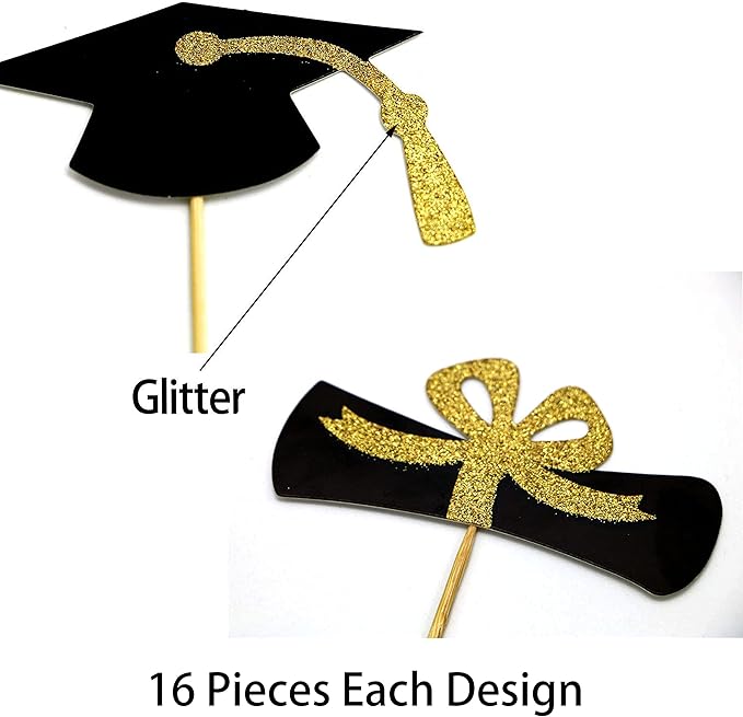 2026 Graduation Cupcake Toppers, 48 PCS Food/Appetizer Picks For Graduation Party Mini Cake Decorations, Diploma, 2026, Grad Cap Set 48 Pieces (01 Gold)