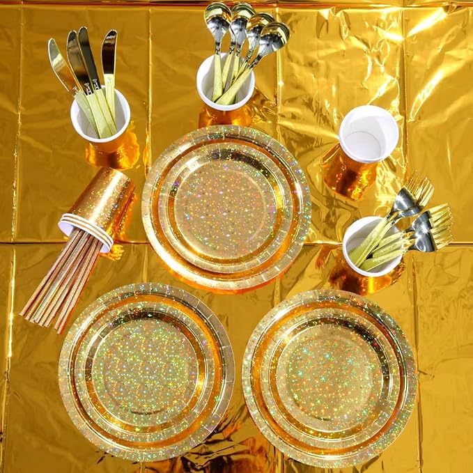 201-piece disposable party tableware set with paper plates, cups, napkins, straws, tablecloths, plastic knives, forks and spoons for a variety of party occasions for up to 25 people (Golden Star)
