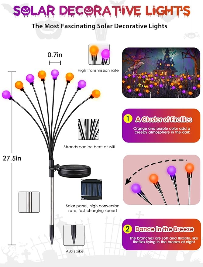 Albelt Halloween Decorations Outdoor, 6 Pack Solar Firefly Lights Outdoor, 48 LED Solar Halloween Lights, Waterproof Swaying Garden Light (Sway by Wind) for Outside Pathway Decor (Orange and Purple)