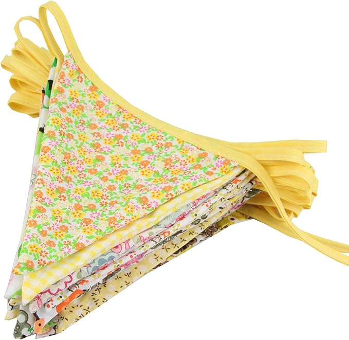 10M/32Ft Triangle Bunting Banner, 36 Pcs Cotton Fabric Flags Pennant Garlands for Birthday Party, Wedding, Baby Shower, Outdoor and Home Decorations (Yellow)
