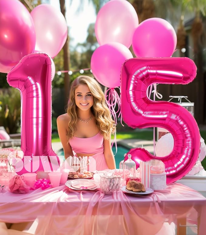 SUWEN 40 Inch Hot Pink Large 15 Number Balloons Big Foil Helium Number Balloons 0-9 Jumbo Happy 15th Mylar Birthday Party Decorations for Girl or Women 51 Anniversary Party Supplies