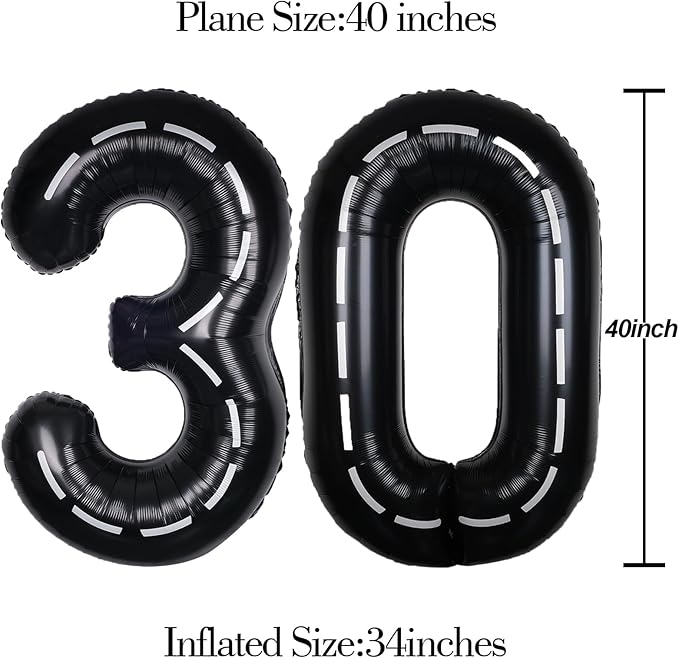 Race Car 40Inch Black 30 Balloon Number Large Helium Race Track 0-9 Giant Digital 30th Foil Mylar Big Party Number Balloons for Boy Birthday Car Theme Party Anniversary Graduation Decorations