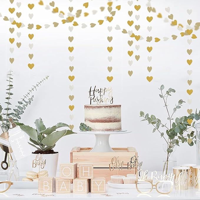 White and Gold Heart Garland Hanging Decorations, 52 Feet, Hanging Streamers for Christmas Party, Wedding, Birthday Parties, Graduations Parties, Valentine, Bridal Showersal (Gold-White Heart)