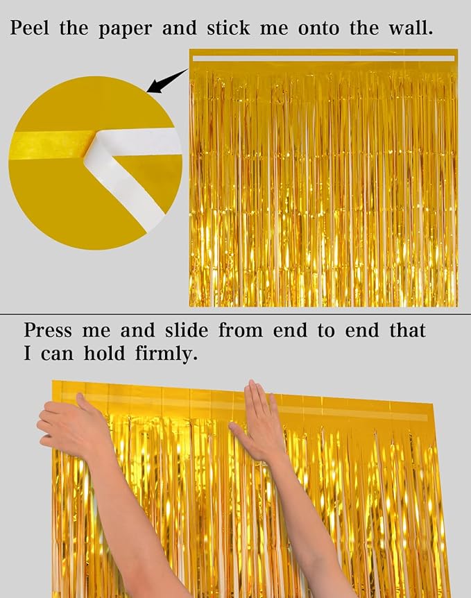 Gold Tinsel Backdrop Curtains, Melsan 3.2 x 8 ft Gold Foil Fringe Curtain Streamers for Birthday, Anniversary, Graduation & Photo Booth, Pack of 2