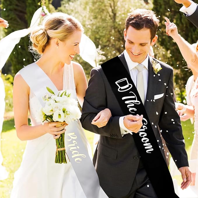 Bride and Groom Sash Just Married Sash The Bride Sash The Groom Sash Bachelorette Party Favors Just Engaged Sash Bridal Sash Engagement Gifts Black White