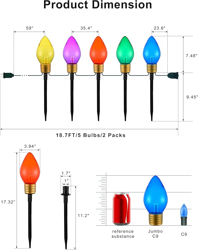 10 Lights Jumbo C9 Pathway Christmas Lights Outdoor, 11Ft 2 Pack 5 LED Giant Bulbs, Large Outdoor Christmas Decor for Holiday Lawn Yard Garden, Big Light Decorations, Multicolor