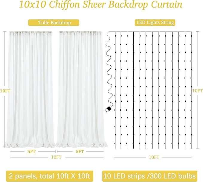 10ft x 10ft White Chiffon Backdrop Curtain with Lights String for Parties,2 Panels Sheer Tulle Curtain Wedding Backdrop with Lights for Baby Shower Birthday Party Ceremony Reception Home Decorations