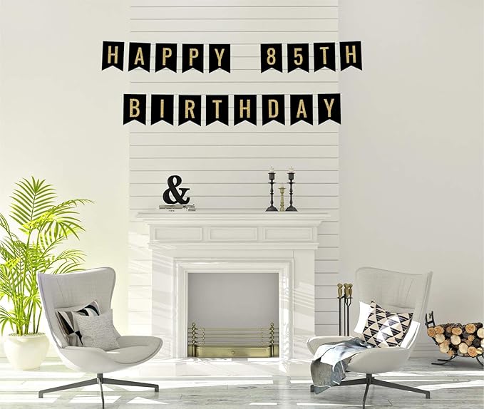Andaz Press Faux Gold Glitter on Black Birthday Party Banner Decorations, Happy 85th Birthday, Approx 5-Feet, 1-Set, Milestone Colored Hanging Pennant Decor