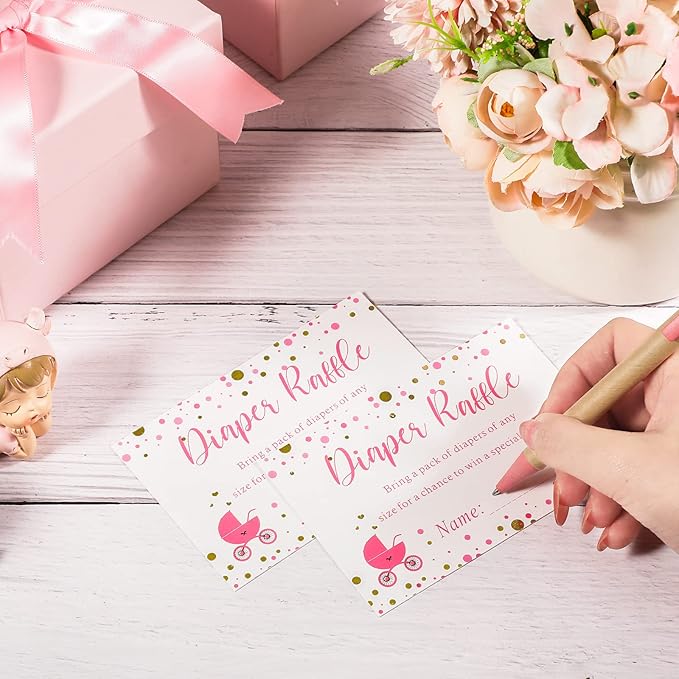 Funrous 51 Diaper Raffle Tickets with Box for Baby Shower Game Invitations Diaper Raffle Card for Gender Reveal Baby Shower Party Decoration Table Centerpiece(White, Pink)