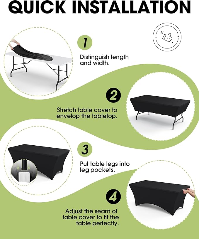 Pureegg Spandex Tablecloth 8ft - 6 Pack, Fitted and Stretch Table Cover for Rectangle Tables, Wrinkle-Resistant and Secure Fabric for Outdoor, Picnic, Party, Wedding, Banquet and Birthday, Black