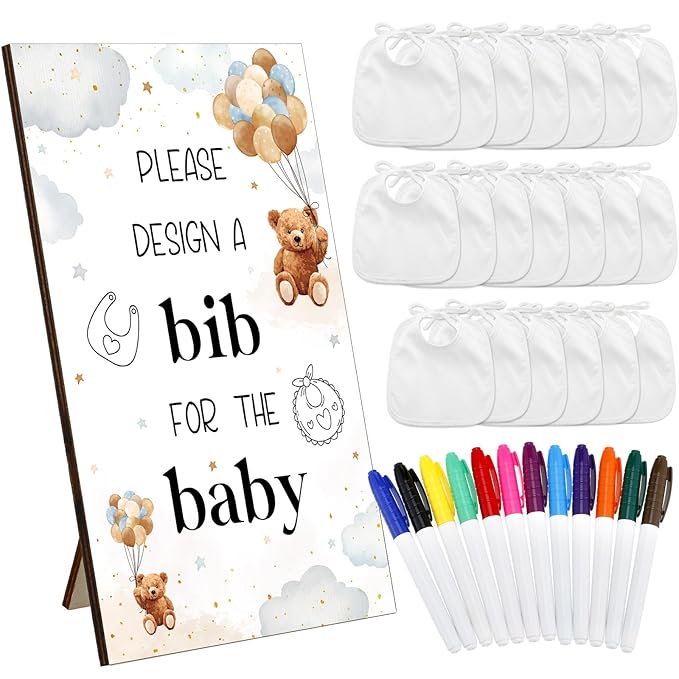 Panitay 43 Pcs Baby Shower Games White Bibs Design, Include Wooden Baby Shower Game Sign, 30 DIY Blank White Bibs, 12 Markers for Gender Reveal Party Decorating Supplies(Bear)
