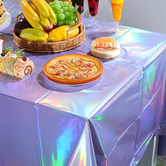 6 Pack Iridescent Light Purple Tablecloth for Parties, Pastel Purple Holographic Plastic Table Cover, Disposable Laser Purple Table Cloth for Birthday Wedding Baby Shower Party Decorations, 54x108Inch