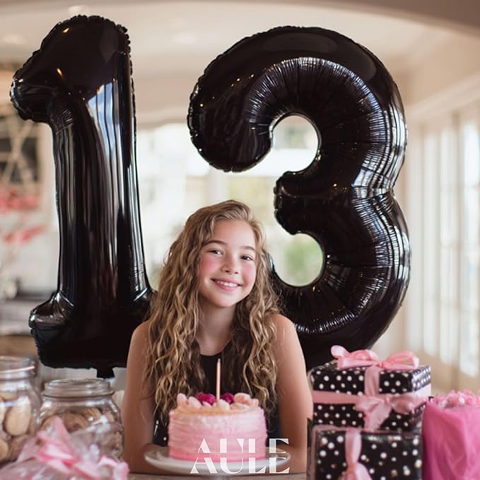 AULE 40 Inch Jumbo Black Foil Mylar Number Balloons for Boy Girl 13th Birthday Party Decorations 13 Years Old Anniversary Party Supplies
