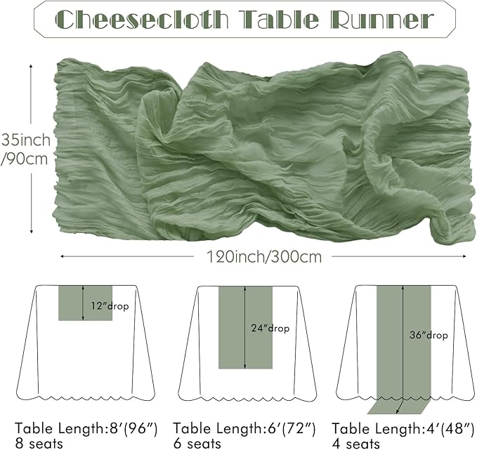 IVAPUPU 4 Pcs Cheesecloth Table Runner - 10ft Sage Green Easter Spring Boho Gauze Cheese Cloth Table Runners for Baby Shower Decoration Wedding Party Garden Farmhouse