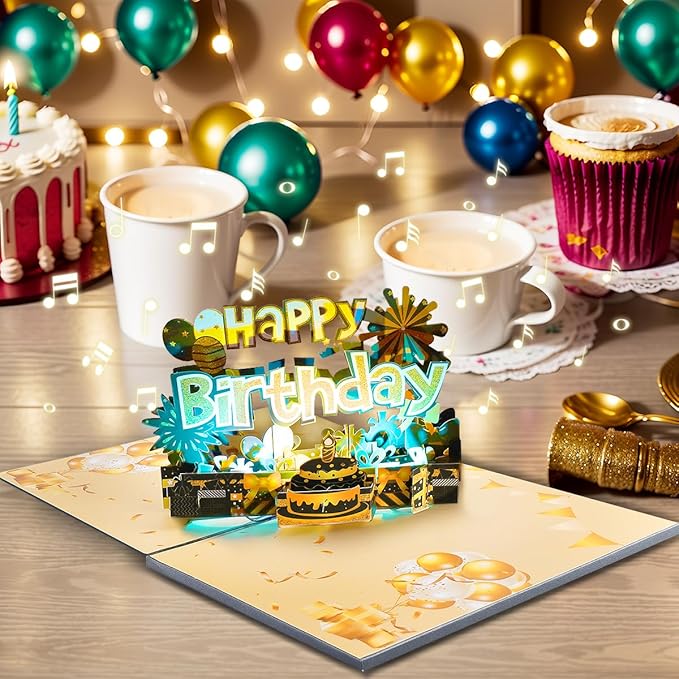 Musical Black Gold Pop Up Card, Light & Music Pop Up Birthday Cards, 3D Father's Day Card, Music Happy Birthday Card, Anniversary Card, for All Occasion with Envelope.