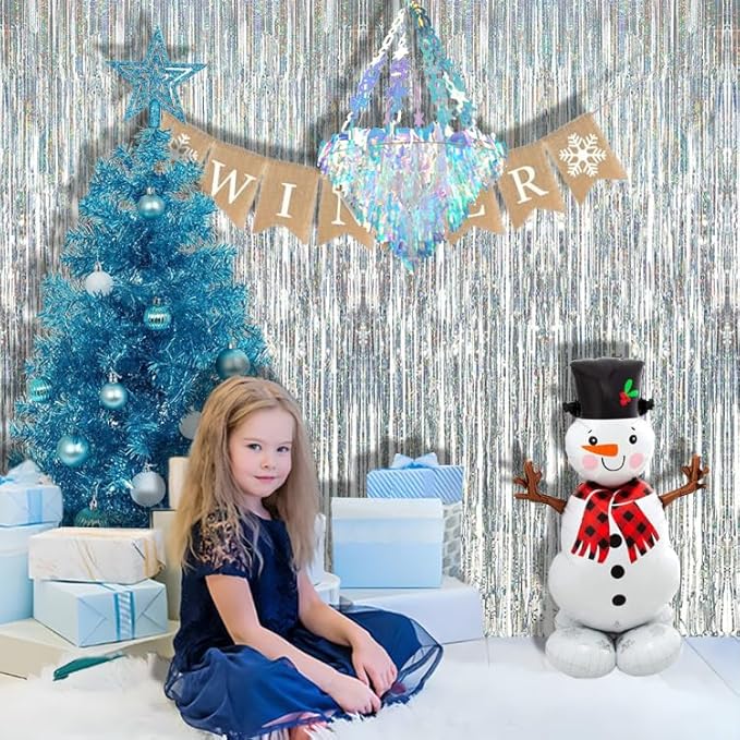 BRAVESHINE Silver Streamers Party Backdrop - 2Pcs 3.2x8.2ft Tinsel Foil Fringe Curtain for Birthday/Graduation/Prom/Bachelorette/Anniversary/Engagement/Bridal Shower/Dance Ball/Snowflake Decorations