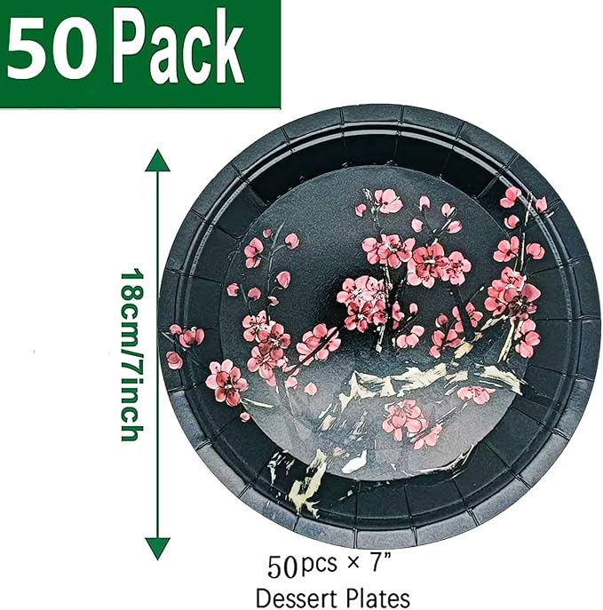 50Pcs Chinese New Year Party Supplies Chinese Japanese Cherry Paper Plates 7"Cherry Blossom Dessert Plates Flowers Plates for Birthday Wedding Chinese New Year Spring Festival Decorations (Black)