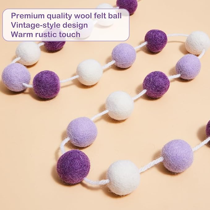 Boao 2 Pieces Wool Felt Ball Garland Colorful Pom Pom Garland Handmade 6.5 Feet Long 24 Balls Felt Banner for Wall Christmas Tree Decoration (Purple,White)