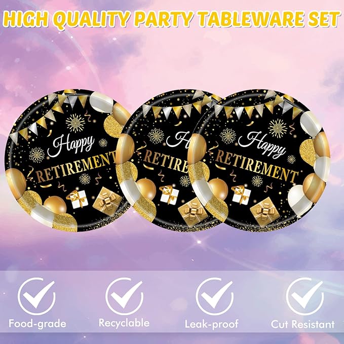 40PCS Retirement Decorations For Men Happy Retirement Decorations Plates Napkins Tableware Set Black and Golden Disposable Dinnerware Table Decoration Favors for Women Men
