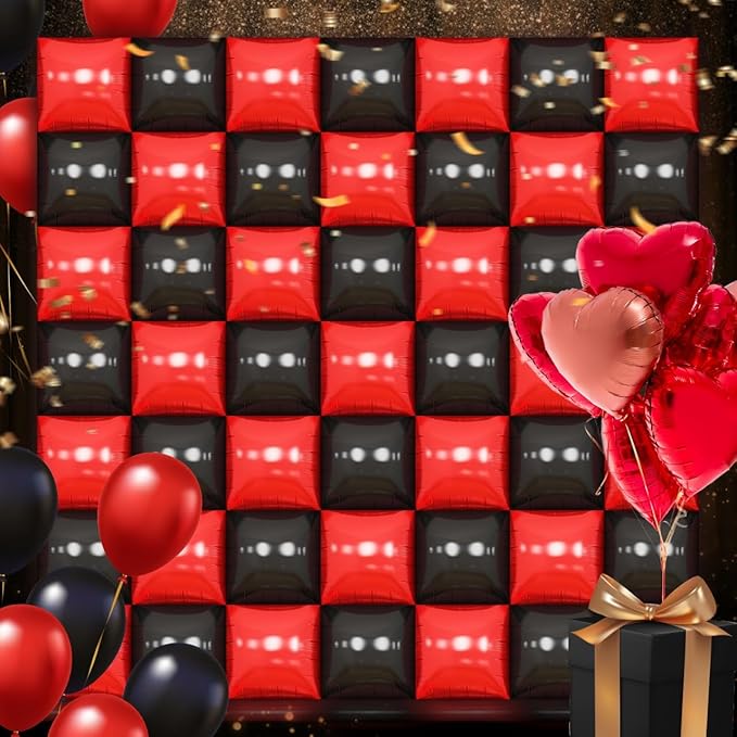 50PCS Black and Red Square Foil Balloon Wal, Reusable DIY Mylar Double Side Metallic Red Black Garland Tunnel Arch Kit for Anniversary Bachelorette Engagement Halloween Party Decor