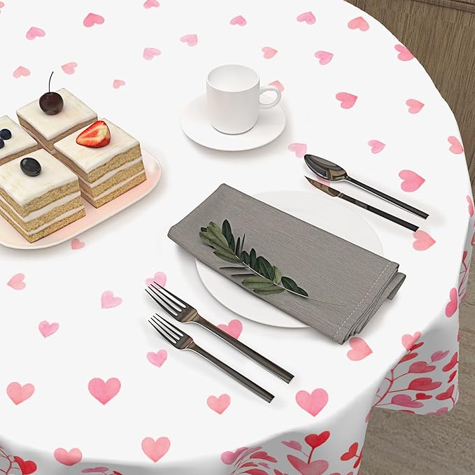 Valentine's Day Round Tablecloth 70 Inch Heart Pattern Circle Table Cloth Pink and White Table Cover Washable Polyester Indoor Decorations for Home Kitchen Dinning Party