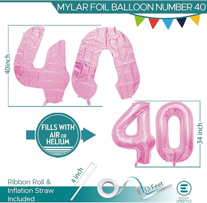 40 Inch Large Pink Number Celebration and Decoration Balloon for Birthday Parties, Graduations, Anniversaries, Weddings, Photo Shoots, Special Events - Helium Foil Mylar (Pink Number 40)