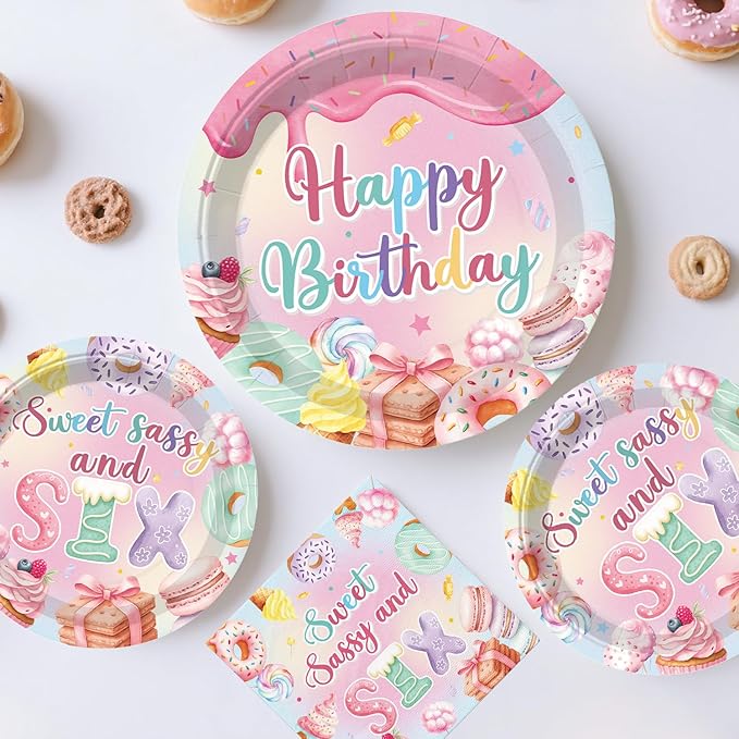 180pcs Sweet Sassy and Six Birthday Decorations with Tableware Set, Banner, Hanging, Tablecloth, Cake Topper, Centerpieces, Balloon, for 6 Year Old Girl Birthday Decorations, Serves 25