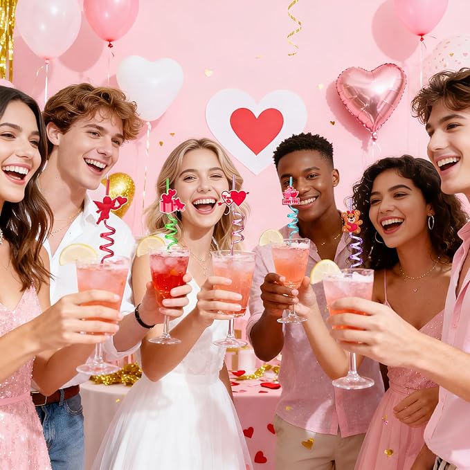 Valentine’s-Day-Engagement-Wedding-Bachelorette-Party-Decoration-Supplies-Crazy-Straws-24PCS Reusable Party Drinking Straws for Valentine V-DAY Party Favors Bridal Shower Decor Bride to Be Gift
