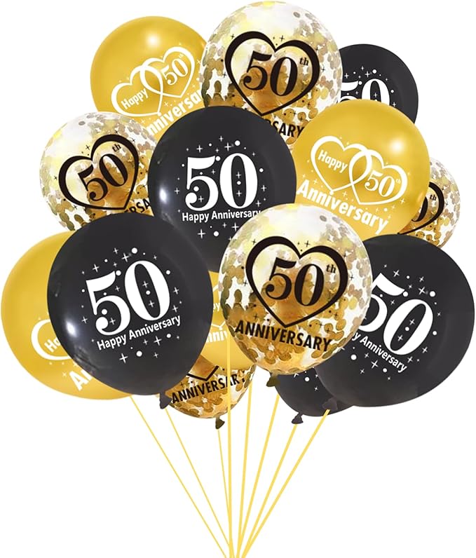 Lnlofen 30pcs 50th Anniversary Decorations Kit, 12 Inch Black Gold Happy 50 Wedding Latex Confetti Balloons, Party Supplies for 50 Year Theme Indoor Outdoor Decor