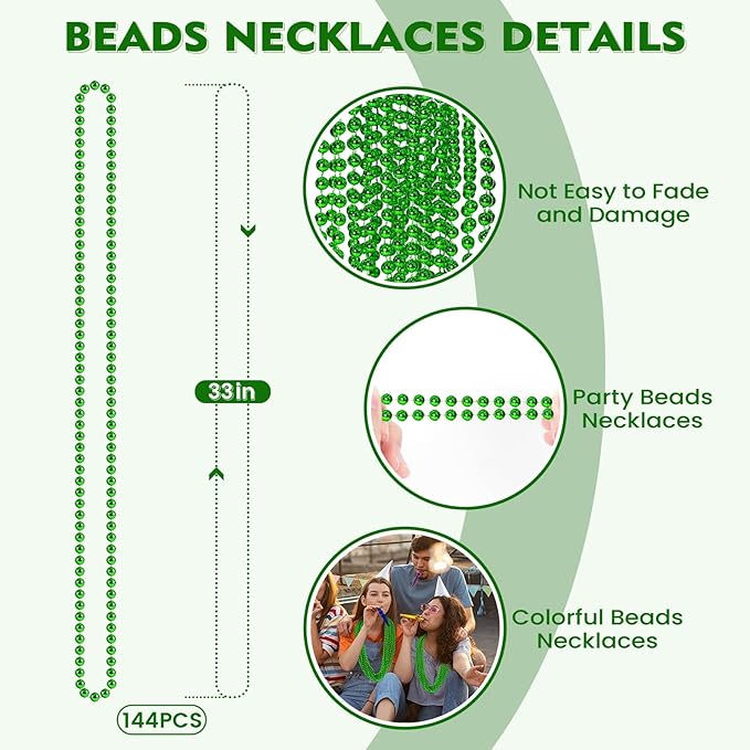 SHAOQINLIN 144 PCS St. Patrick's Day Bead Necklaces, Green Mardi Gras Christmas Beads, 33'' Green Party Beads for St. Patricks Day, Mardi Gras, Christmas, Carnival Party Favors