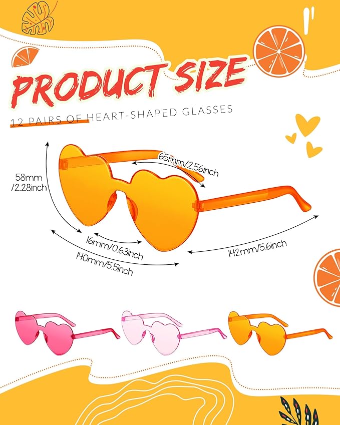Photect 12 Pair Heart Shaped Sunglasses Neon Color Transparent Heart Glasses for Women Party Favor