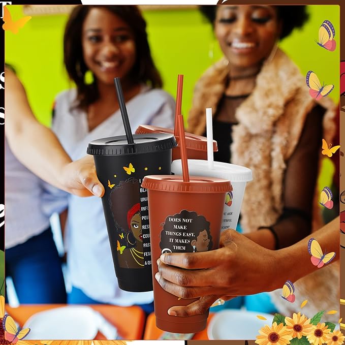 12 Pcs African American Cups with Lids and Straws, 24 oz Black Women Drinking Cups Black Owned Inspirational Gift for Women Lady