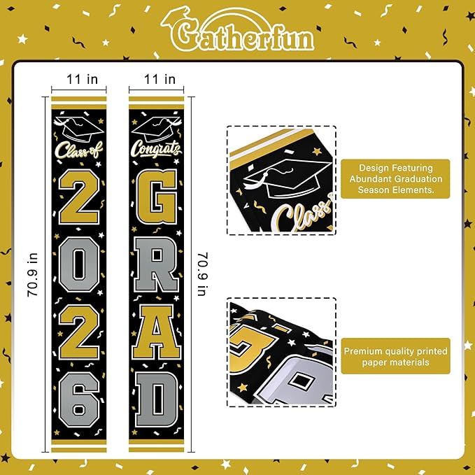2026 Graduation Decorations,Congrats Grad Banner Backdrop for Class of 2026 Decorations- Black and Gold Graduation Party Decorations