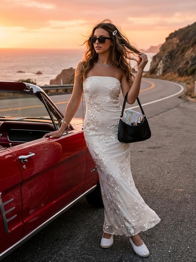 MEROKEETY Women's Floral Strapless Maxi Dress 2026 Summer Mesh Tube Bodycon Formal Wedding Guest Cocktail Party Long Dresses