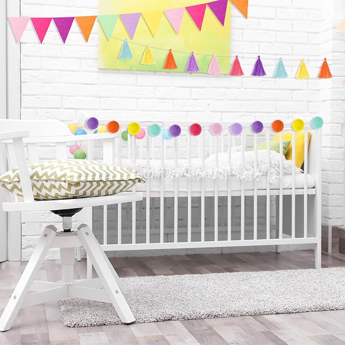 Irenare 9.8ft Pom Pom Garland Felt Rainbow Garland Graduation Party Decoration Colorful Pennant Tassel Banner Birthday Baby Shower Triangle Banner for Classroom School Mantel Fireplace(Candy Color)