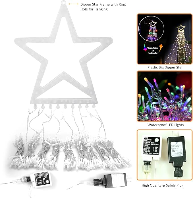 Christmas Decorations Star String Lights, 320 LEDs Outdoor Waterfall Tree Lights with 13" Topper Star, Plug in Waterproof Hanging Fairy Lights for Xmas New Year Holiday Party Yard Decor