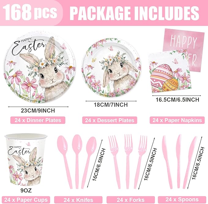 168PCS Easter Party Supplies Happy Easter Party Decorations Vintage Bunny Flower Paper Plates Napkins Cups Cute Rabbit Wlidflower Themed tableware for Spring Holiday Picnic Serve 24