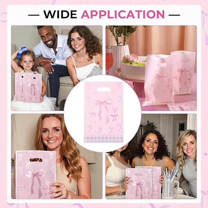 QfwdfcTrenz 50 Pcs Pink Bow Plastic Gift Bags, Goodie Dags with Handles Light Color Bow Themed Party Candy Favor Bag for Birthday Bridal Engagement Party