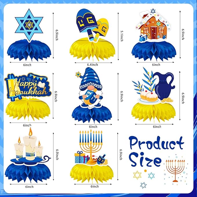 JULMELON 8PCS Hanukkah Table Decorations Honeycomb Centerpiece, Chanukah Decor Dreidel Menorah Table Toppers Happy Hanukkah Decorations for Home Party Favors Supplies
