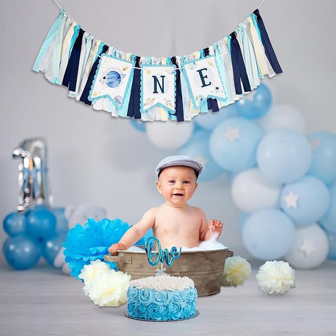 1st Birthday Outer Space High Chair Banner, First Trip Around the Sun Boy First Birthday Party Decor, Astronaut Rocket Space Theme High Chair ONE Banner
