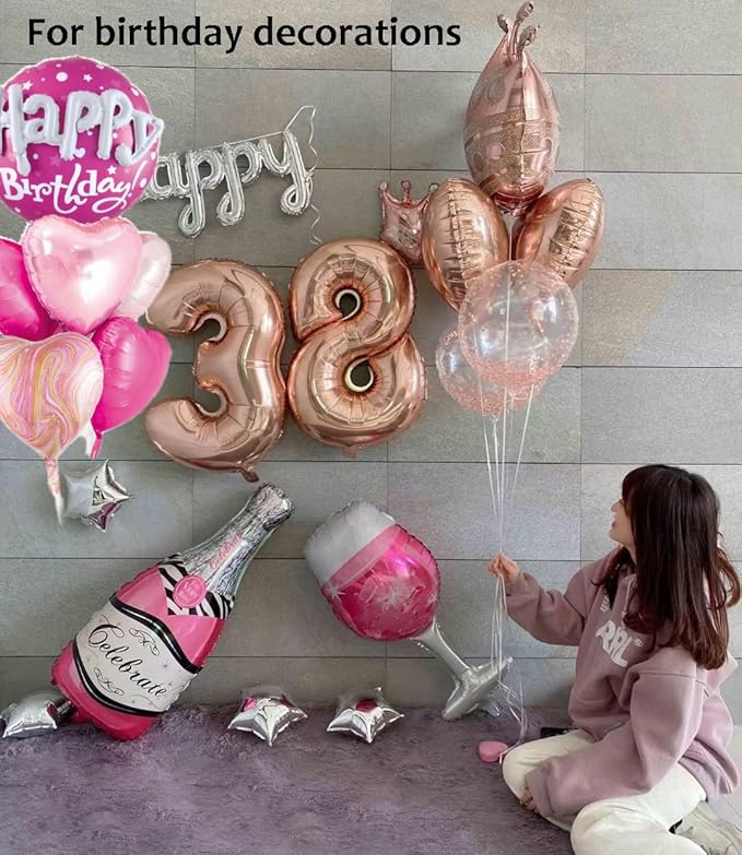 Rose Gold Crown Mylar Balloons And Pink Birthday Large Round Mylar Balloons Set For Birthday Decorations For Women