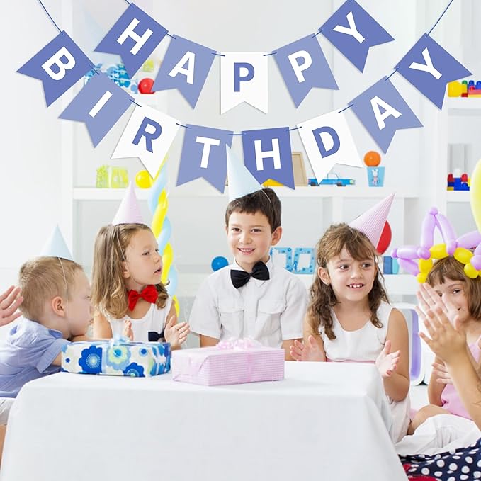 Grayish Blue Birthday Banner Sign Happy Birthday Bunting Banner Garland for Kids Girl Woman Tea Party Decorations Bunting Flag Party Supplies